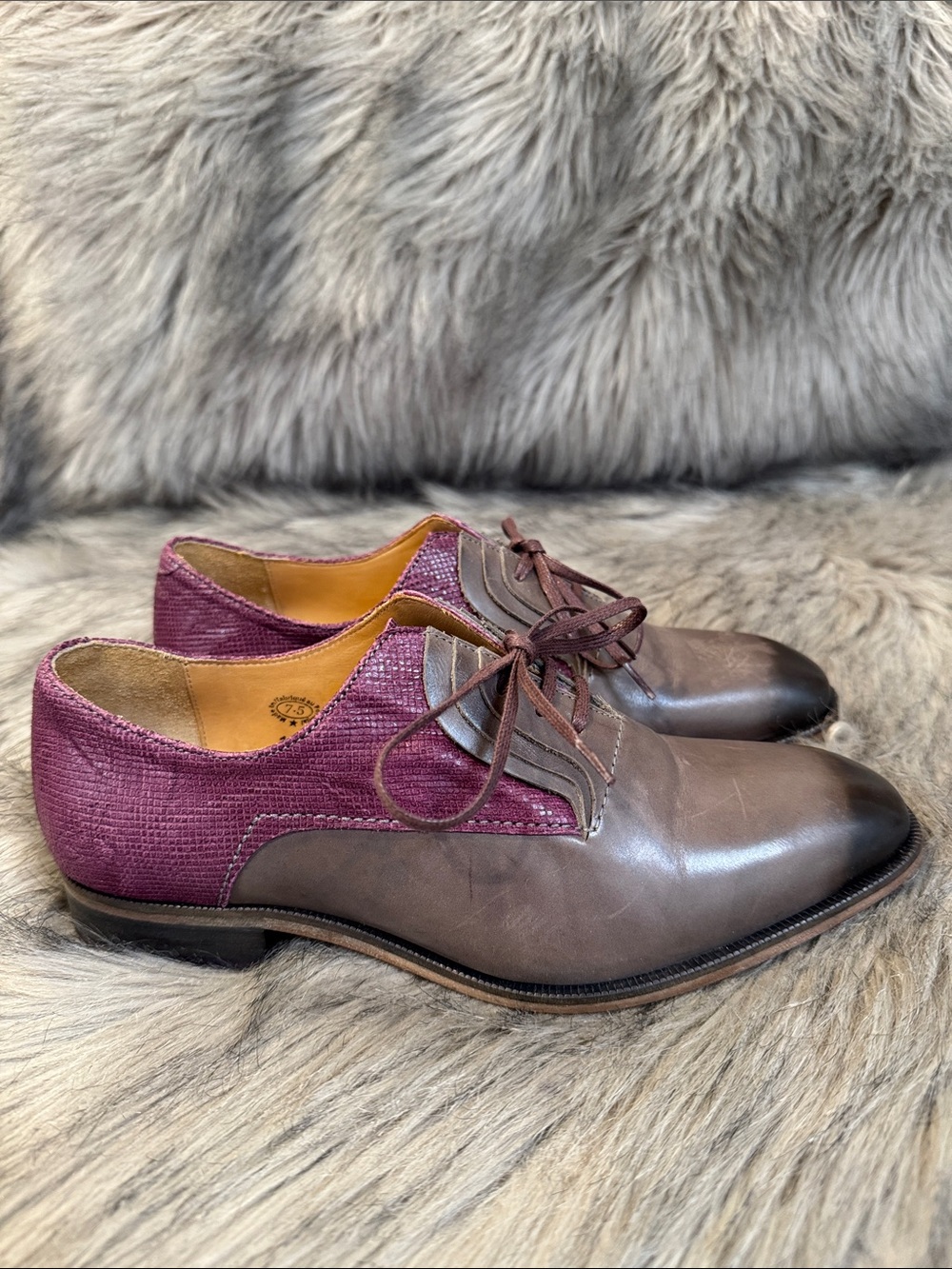 John Fluevog Two-Tone Leather Derby in Gray and Plum Size 7.5